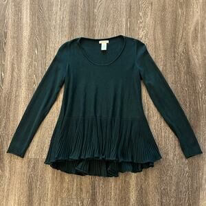 Max Studio Forest Green Peplum Knit Sweater Sz Medium Long Sleeve Flowy Top GUC